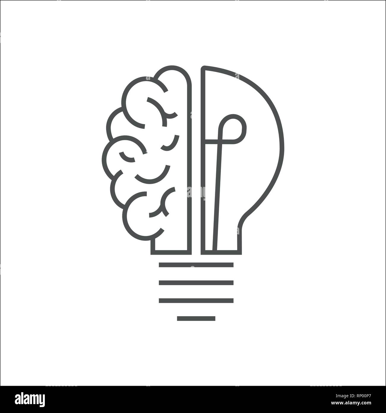 Logo mit einer Hälfte der Glühbirne und Gehirn auf weißem Hintergrund. Symbol der Kreativität, kreative Idee, Geist, Denken. Editierbare Schlaganfall. EPS 10. Stock Vektor