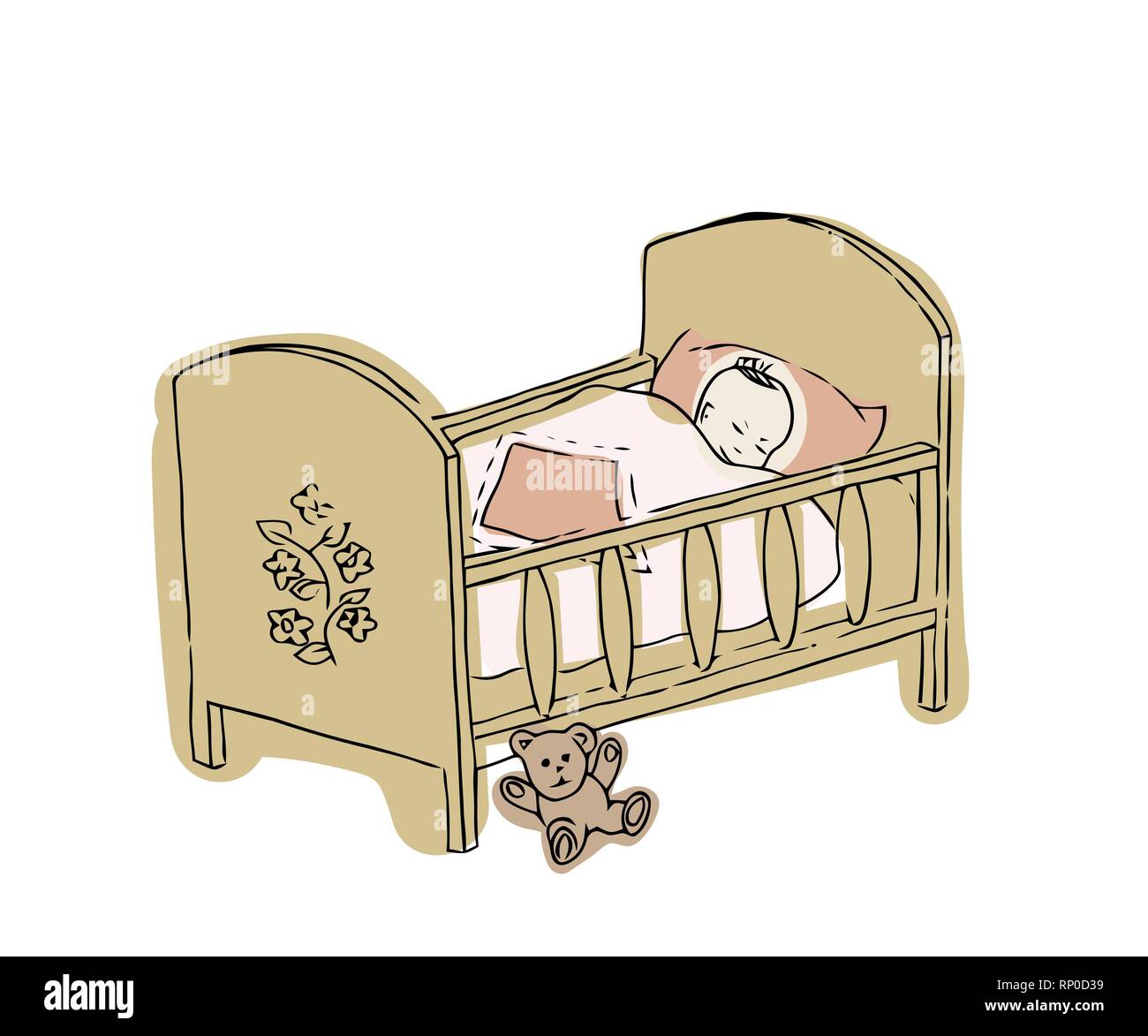 Kinderbett. Neugeborene Vector Illustration. Skizze des Kinderbett für Kleinkinder Mädchen. Stock Vektor