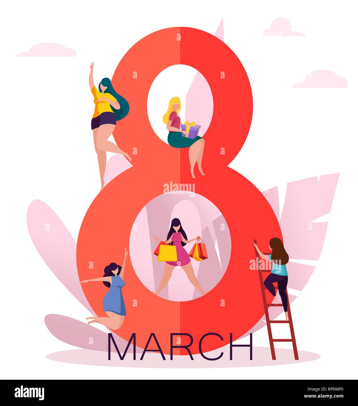 Internationaler Tag der Frau Grußkarte mit netten Damen auf grosse Ziffer 8. Lustige Frau Zeichentrickfiguren für Flyer, Poster, Einladung und andere. V Stock Vektor