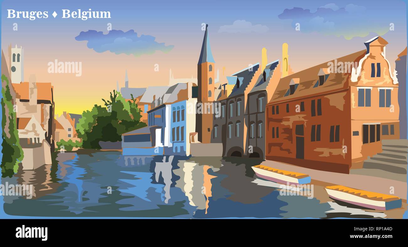 Stadtbild Blick auf rozenhoedkaai Wasser Kanal in Brügge, Belgien. Internationalen Wahrzeichen von Belgien. Bunte vektor Illustration. Stock Vektor