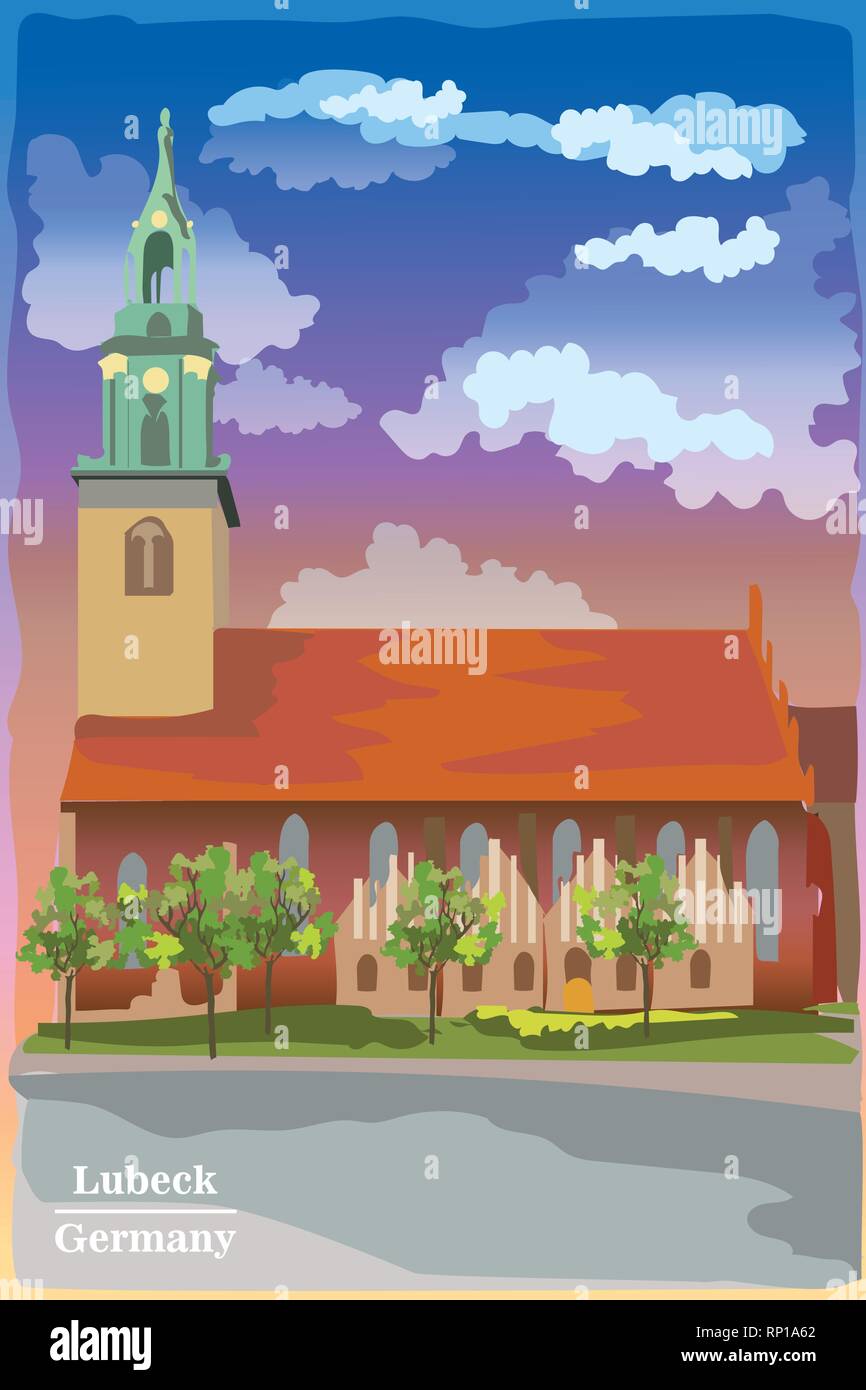Landschaft mit Fassade der Kirche St. Maria in Berlin in Lübeck, Deutschland. Wahrzeichen von Berlin. Bunte vektor Illustration. Stock Vektor