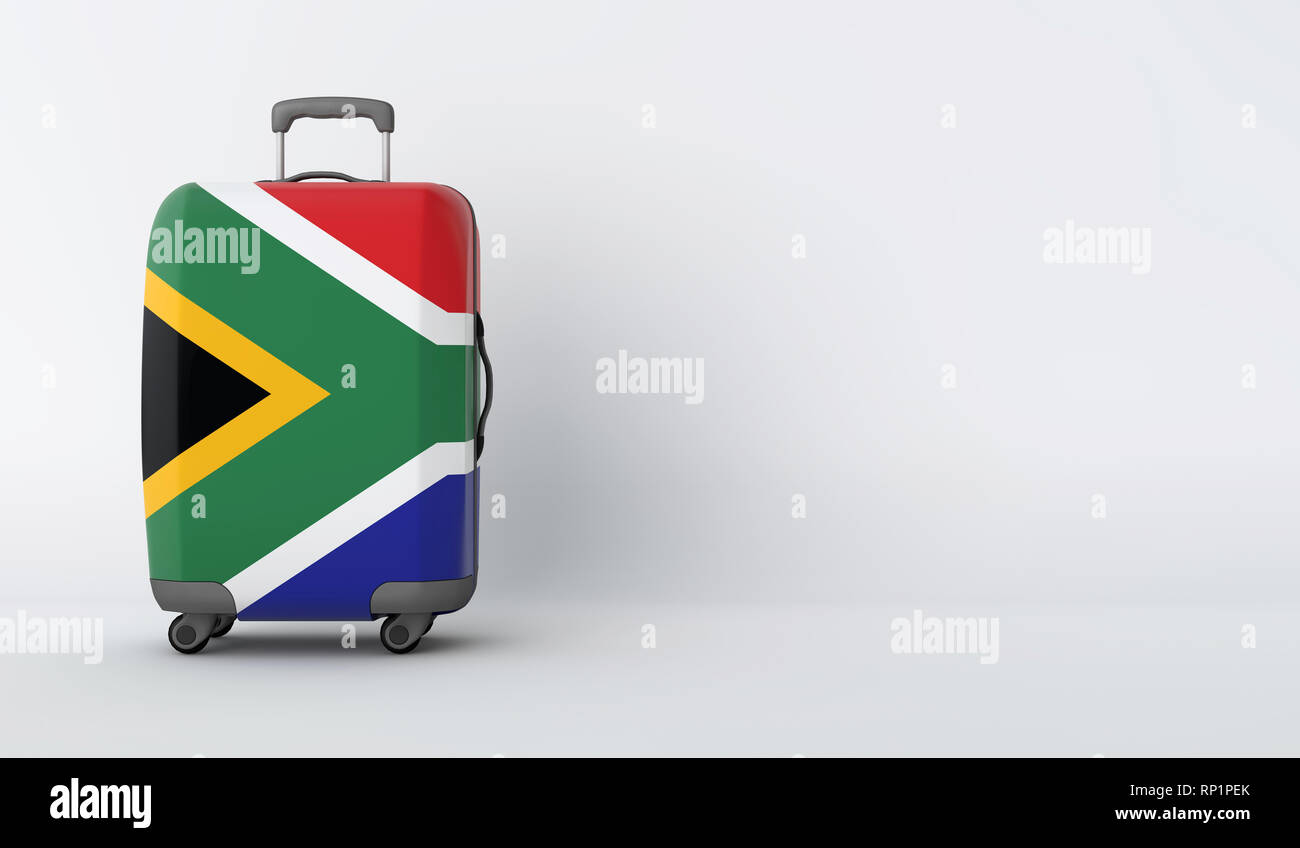 Reisekoffer mit der Flagge von Südafrika. Urlaubsziel. 3D-Rendering Stockfoto