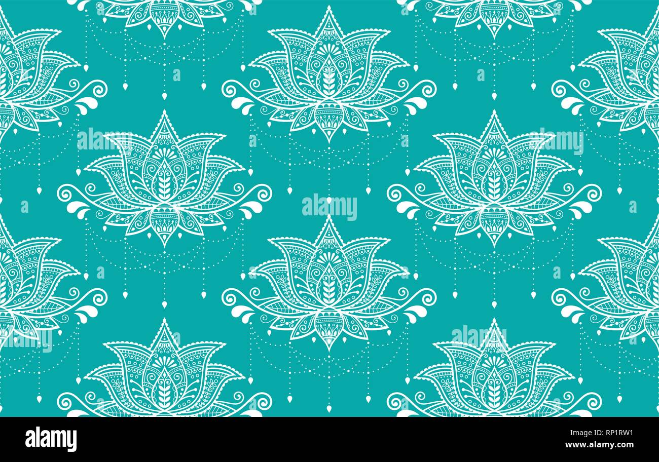 Indische Lotusblume Vektor nahtlose Muster, Mehndi Henna Tattoo Style, Yoga oder zen Dekoration, böhmische Textil in Weiß auf Türkis Hintergrund Stock Vektor