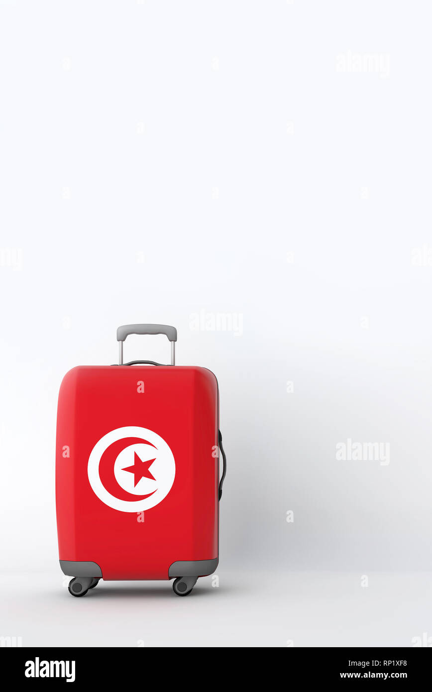Reisekoffer mit der Flagge von Tunesien. Urlaubsziel. 3D-Rendering Stockfoto