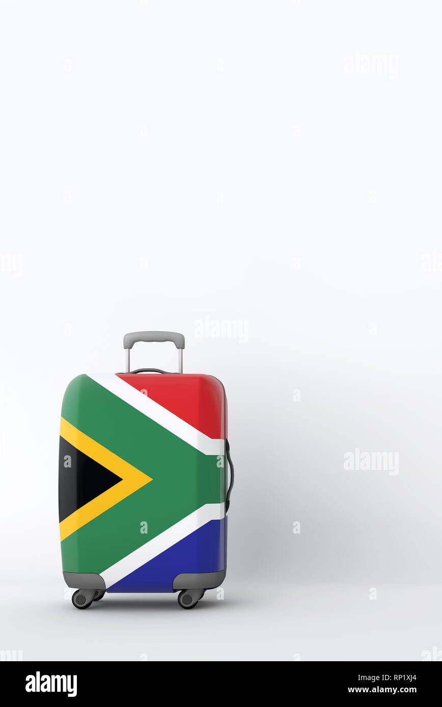 Reisekoffer mit der Flagge von Südafrika. Urlaubsziel. 3D-Rendering Stockfoto