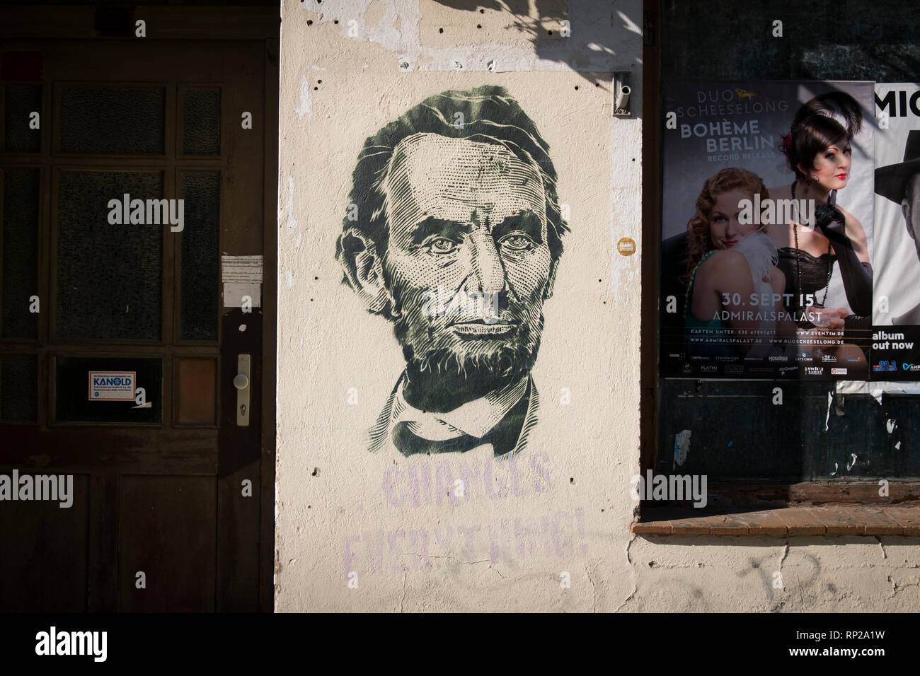 Abraham Lincoln, Schablonen auf eine Mauer in Berlin, Deutschland. Stockfoto