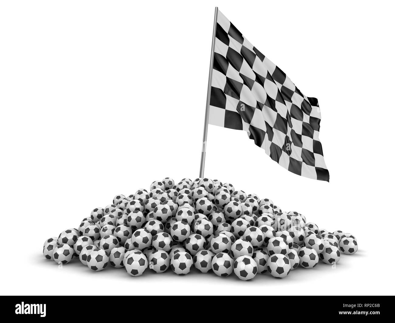 Stapel der Fußball Fußbälle und karierten Flagge. Bild mit Freistellungspfad Stockfoto