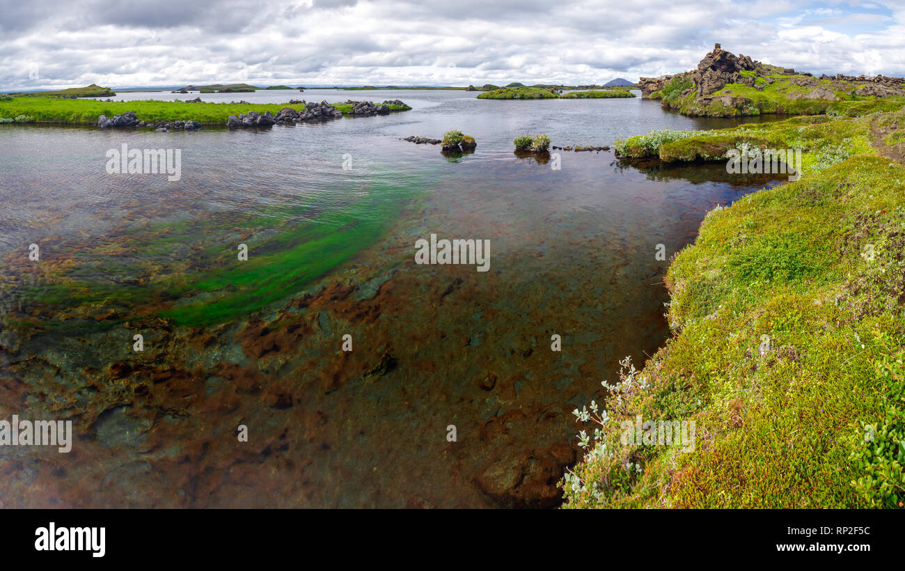Panoramablick auf flachen Myvatn (See der Mücken) See mit vulkanische Landschaftsformen, nordöstlichen Island, Skandinavien Stockfoto