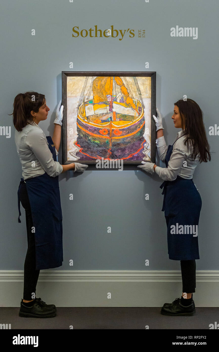 London, Großbritannien. 20 Feb, 2019. Triestiner Fischerboot, 1912, von Egon Schiele, est £ 6-8 m - eine Vorschau aahead der impressionistischen, moderner & Surrealistische Kunst bei Sotheby's New Bond Street, London. Credit: Guy Bell/Alamy leben Nachrichten Stockfoto