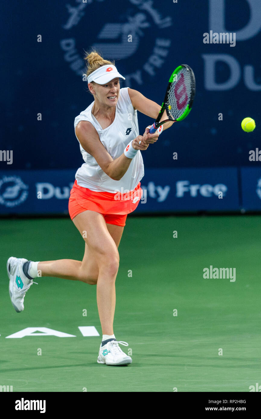 Dubai, VAE. 20 Feb, 2019. Alison Riske der USA in Aktion in der dritten Runde gegen Karolina Pliskova der Tschechischen Republik während der Dubai Duty Free Tennis Meisterschaft am Dubai International Tennis Stadium, Dubai, UAE am 20. Februar 2019. Foto von Grant Winter. Credit: UK Sport Pics Ltd/Alamy leben Nachrichten Stockfoto