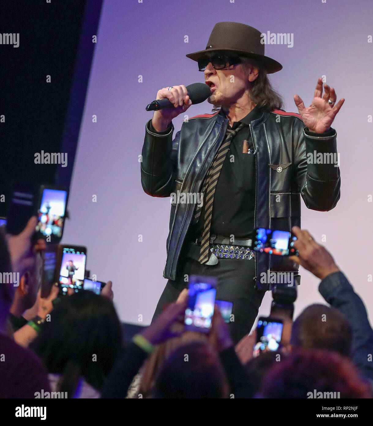 Leipzig, Deutschland. 20 Feb, 2019. Rockmusiker Udo Lindenberg kommt in die Leipziger Westbad für zwei Premieren. Die Mitteldeutschen Rundfunk zeigt den Dokumentarfilm "Udo Lindenberg - Volle Kraft voraus! Begegnungen mit dem Lindischen Ozean" und das Konzert Film "Udo Lindenberg - Live vom Atlantik". Kredite: Jan Woitas/dpa-Zentralbild/dpa/Alamy leben Nachrichten Stockfoto