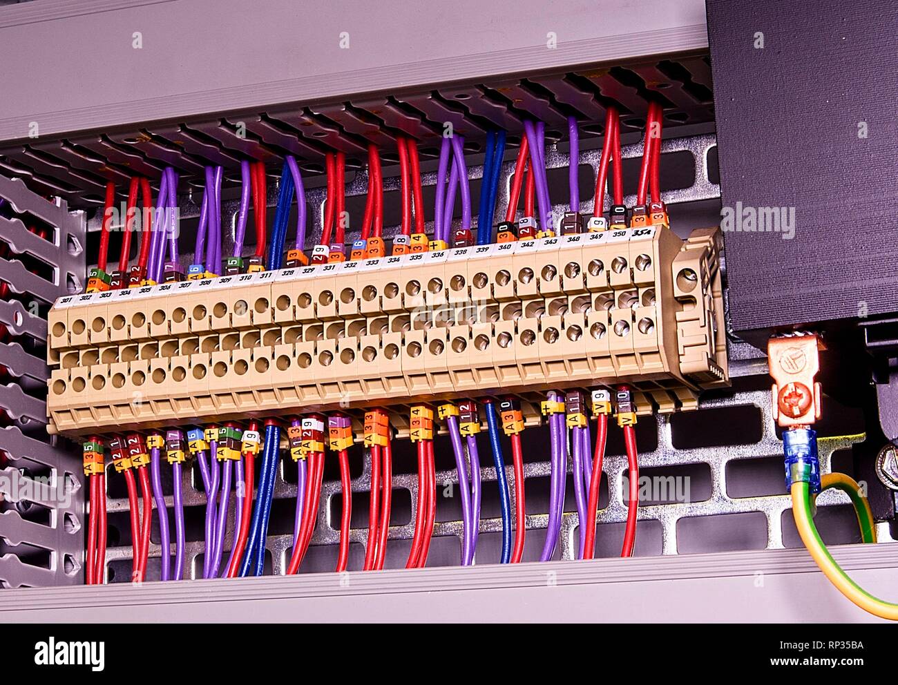 Reihenklemmen für den elektrischen Anschluss und Erdungsklemmen für die  Erdung im Schaltschrank. Kabel mit Bildunterschrift Felder Stockfotografie  - Alamy