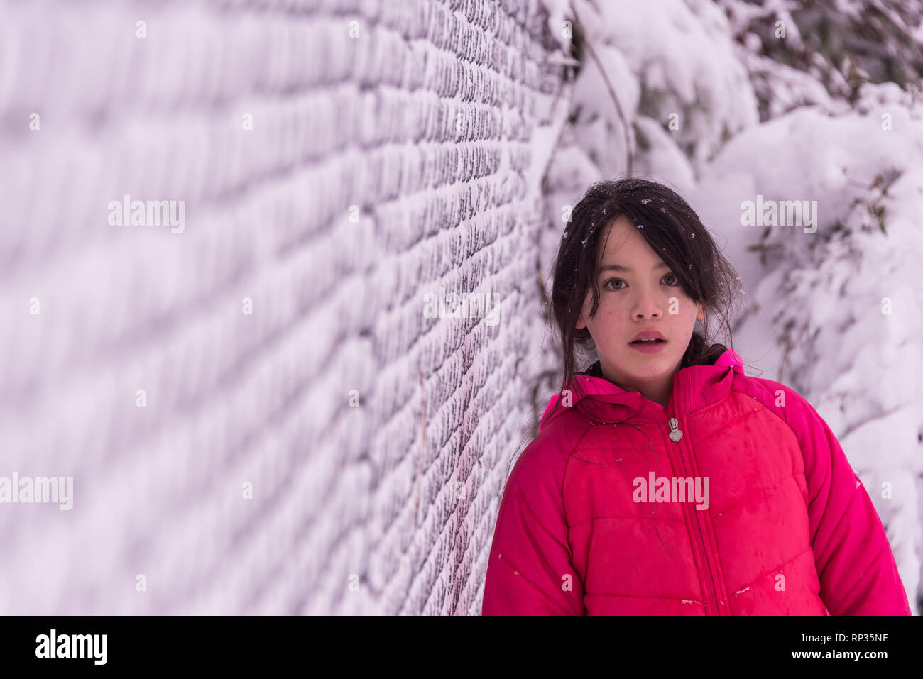 Junge asiatische Mädchen in rosa Fell neben Schnee Zaun Stockfoto