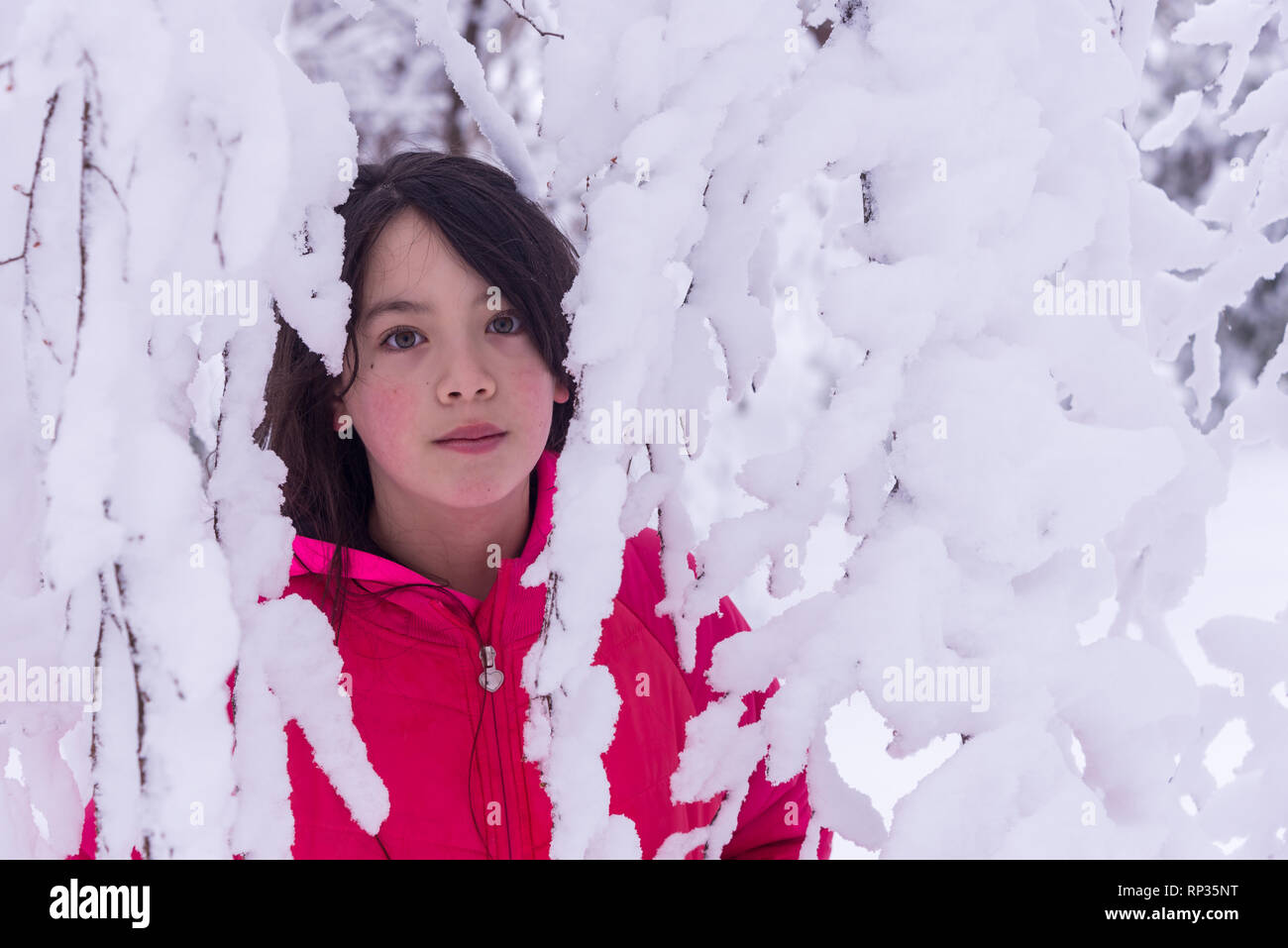 Junge asiatische Mädchen hinter Schnee bedeckt Niederlassungen in rosa Jacke Stockfoto