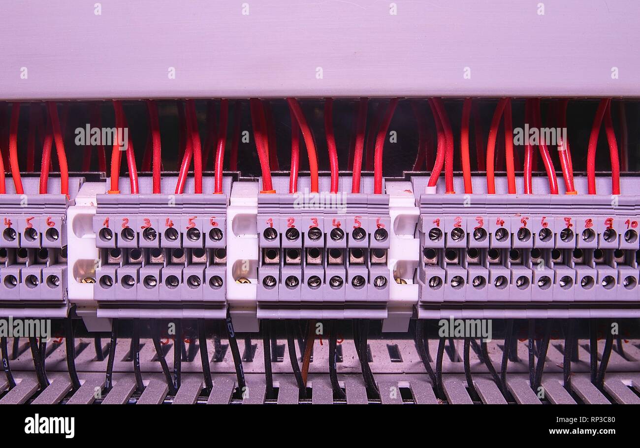 Klemmenblock für industrielle Elektronik. Klemmenblock. Industrielle macht. Rotes und schwarzes Kabel Stockfoto