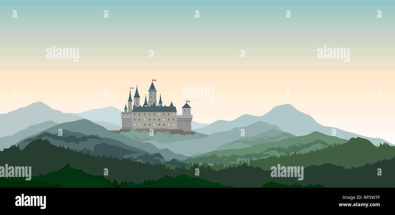 Schloss Berge Landschaft. Reisen ländliche Natur europäischen Hintergrund. Schloss Gebäude auf dem Hügel Skyline. Stock Vektor