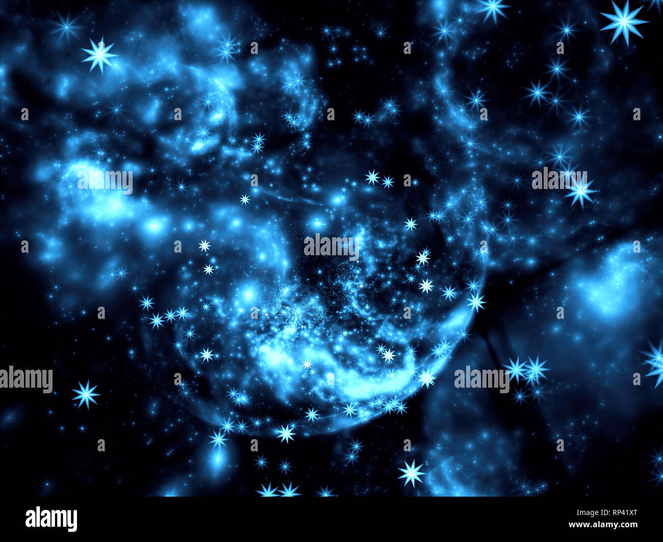 Abstrakt fractal Himmel oder Nebel - computer-generierten Unscharfes blaues Bild. Digitale Kunst: Chaos Punkte, Kurven und Sterne. Science Fiction oder esoterischen Thema Stockfoto