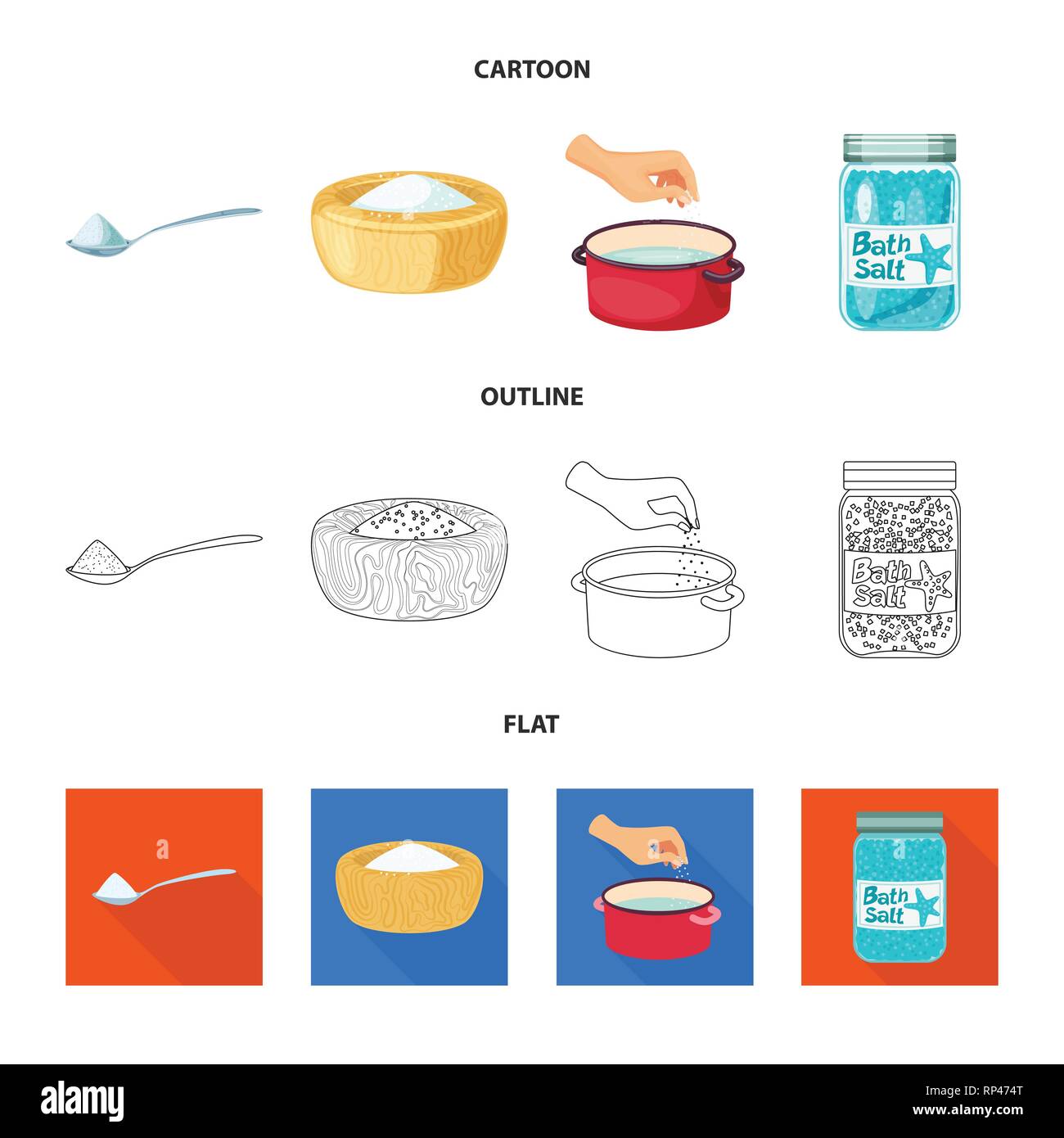 Löffel, Schalen, Tiegel, Flaschen, salzig, Wasser, Handvoll, Gewürze, Badewanne, Hill, arm, Wellness, Pulver, Vintage, weiß, Streuen, Getreide, Mehl, Restaurant, Platte, Container, Reinigen, Kochen, Meer, Natur, Backen, Salz, Nahrungsmittel-, Natrium-, Mineral, Raw, Küche, Set, Vector, Icon, Illustration, isoliert, Sammlung, Design, Element, Grafik, Zeichen, Vektor, Vektoren, Stock Vektor