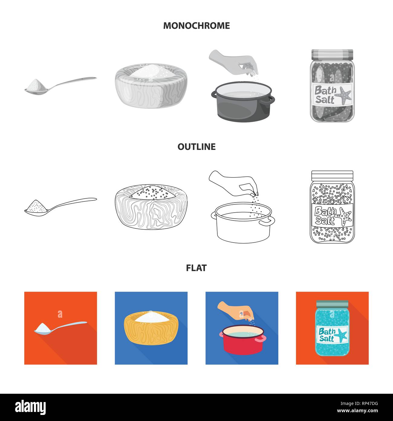 Löffel, Schalen, Tiegel, Flaschen, salzig, Wasser, Handvoll, Gewürze, Badewanne, Hill, arm, Wellness, Pulver, Vintage, weiß, Streuen, Getreide, Mehl, Restaurant, Platte, Container, Reinigen, Kochen, Meer, Natur, Backen, Salz, Nahrungsmittel-, Natrium-, Mineral, Raw, Küche, Set, Vector, Icon, Illustration, isoliert, Sammlung, Design, Element, Grafik, Zeichen, Vektor, Vektoren, Stock Vektor