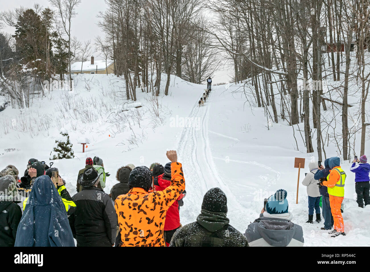 Grand Marais, Michigan - Zuschauer jubeln, als Ryan Anderson tritt Grand Marais, der die Hälfte des bis zu 200, eine jährliche 238-mile Hundeschlittenrennen Stockfoto