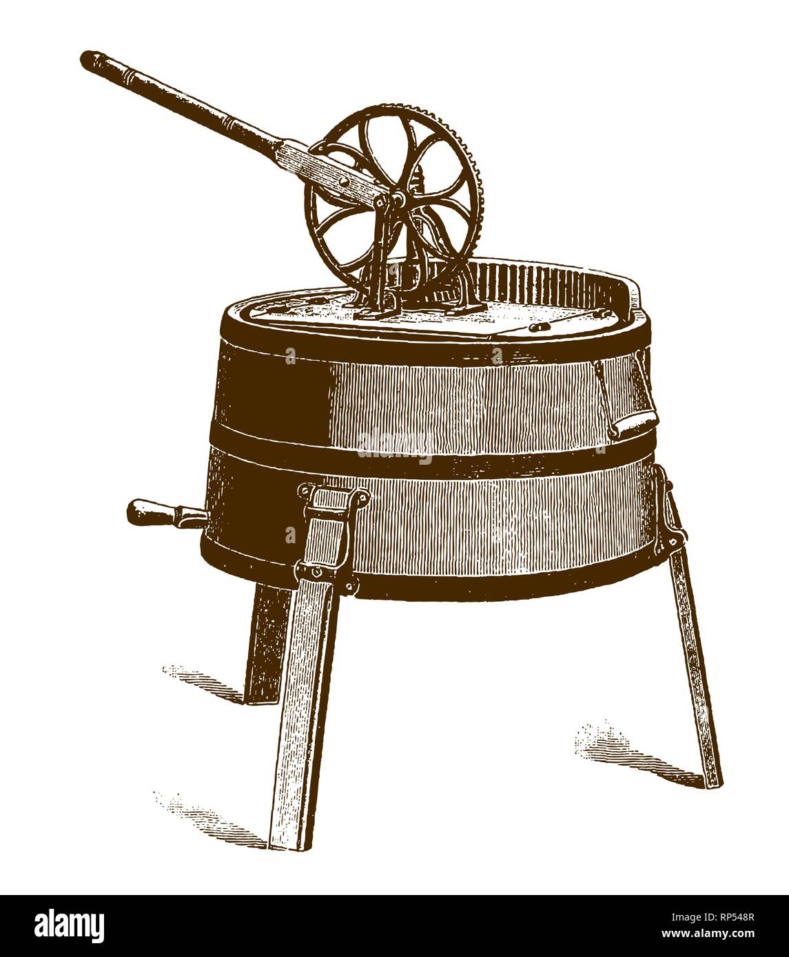 Antike mechanische Waschmaschine, nach einer Gravur oder Radierung aus dem 19. Jahrhundert Stock Vektor