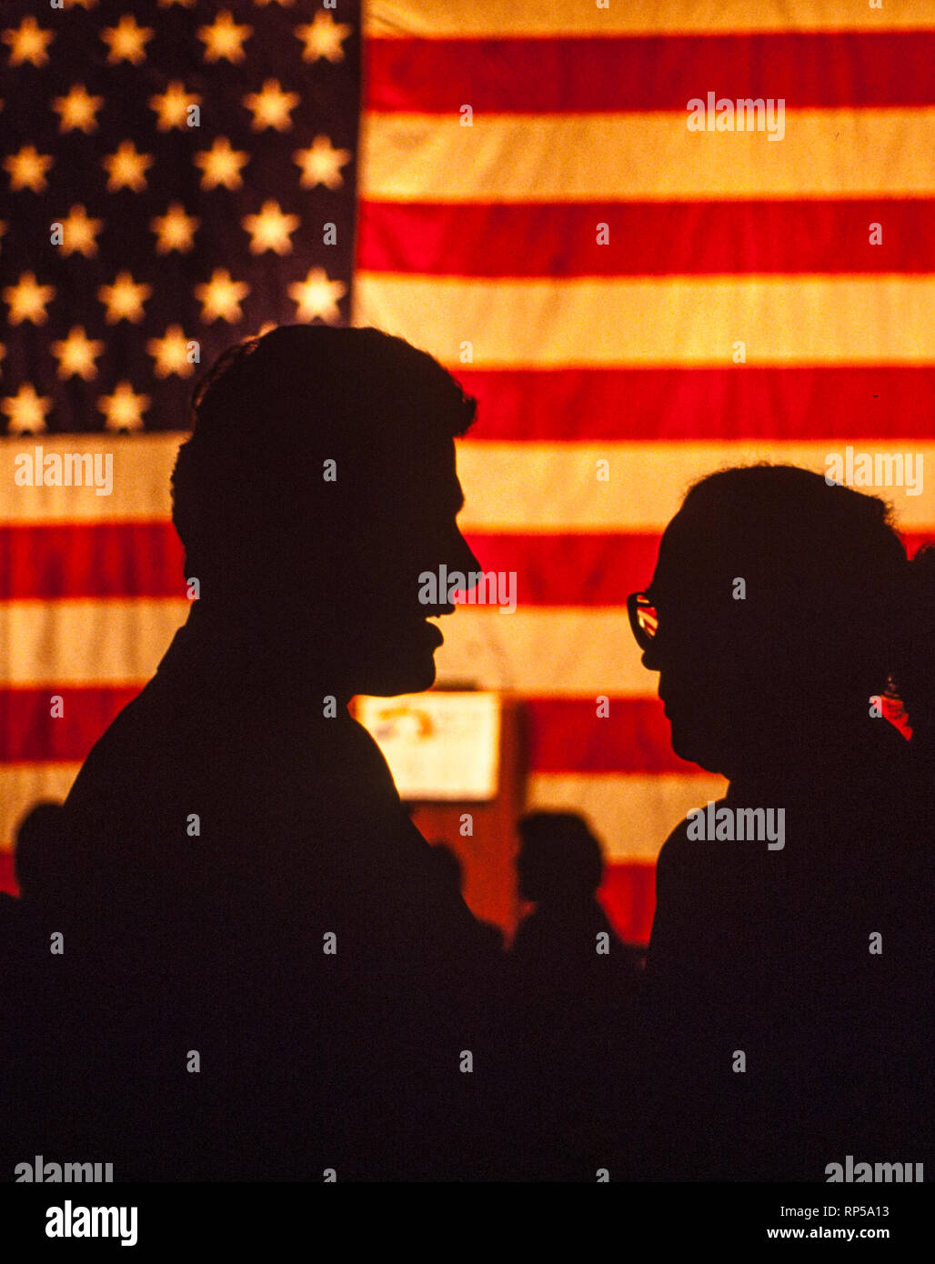 Eine Silhouette Präsident Bill Clinton (links) Gespräche mit US-Senator Sam Nunn (D-GA). Nunn ist Vorsitzender der mächtigen Senat Armed Services Committee. Eine große amerikanische Flagge hängt in den Hintergrund. Stockfoto