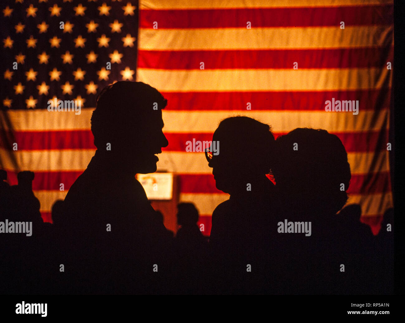 Eine Silhouette Präsident Bill Clinton (links) Gespräche mit US-Senator Sam Nunn (D-GA). Nunn ist Vorsitzender der mächtigen Senat Armed Services Committee. Eine große amerikanische Flagge hängt in den Hintergrund. Stockfoto