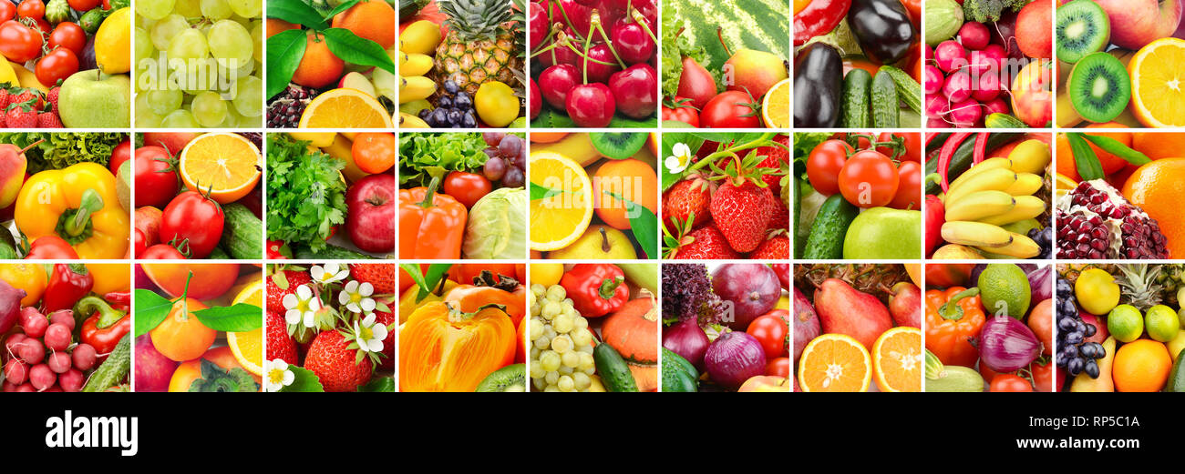Viele Bilder Obst, Gemüse und Beeren in weißen Rahmen. Stockfoto