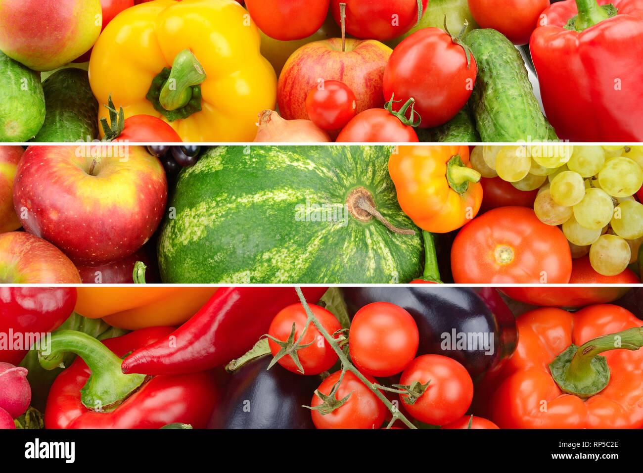 Drei Panoramafotos von Obst und Gemüse in einem Foto. Collage. Stockfoto