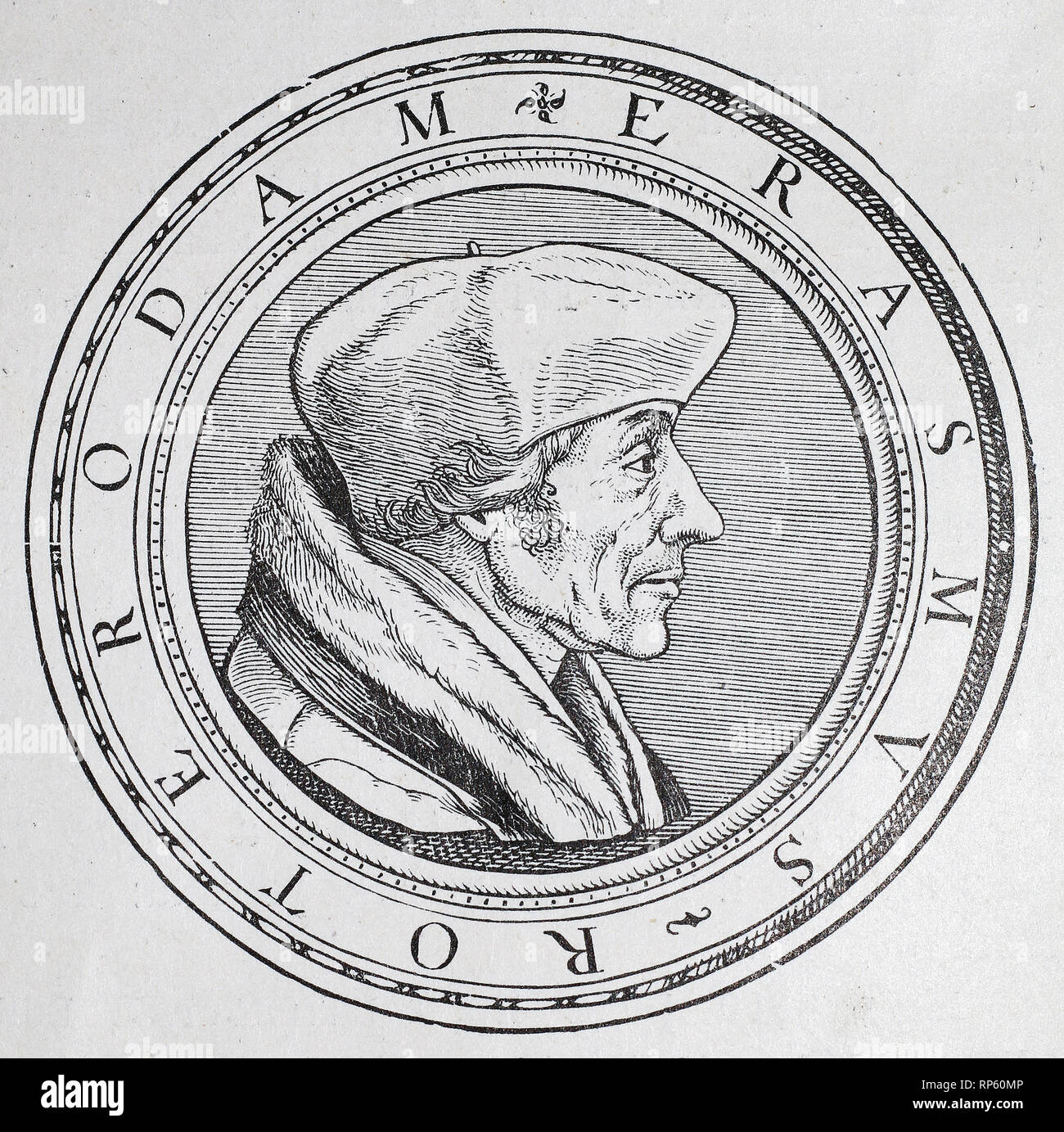 Portrait des Erasmus von Rotterdam. Mittelalterlichen Gravur. Stockfoto