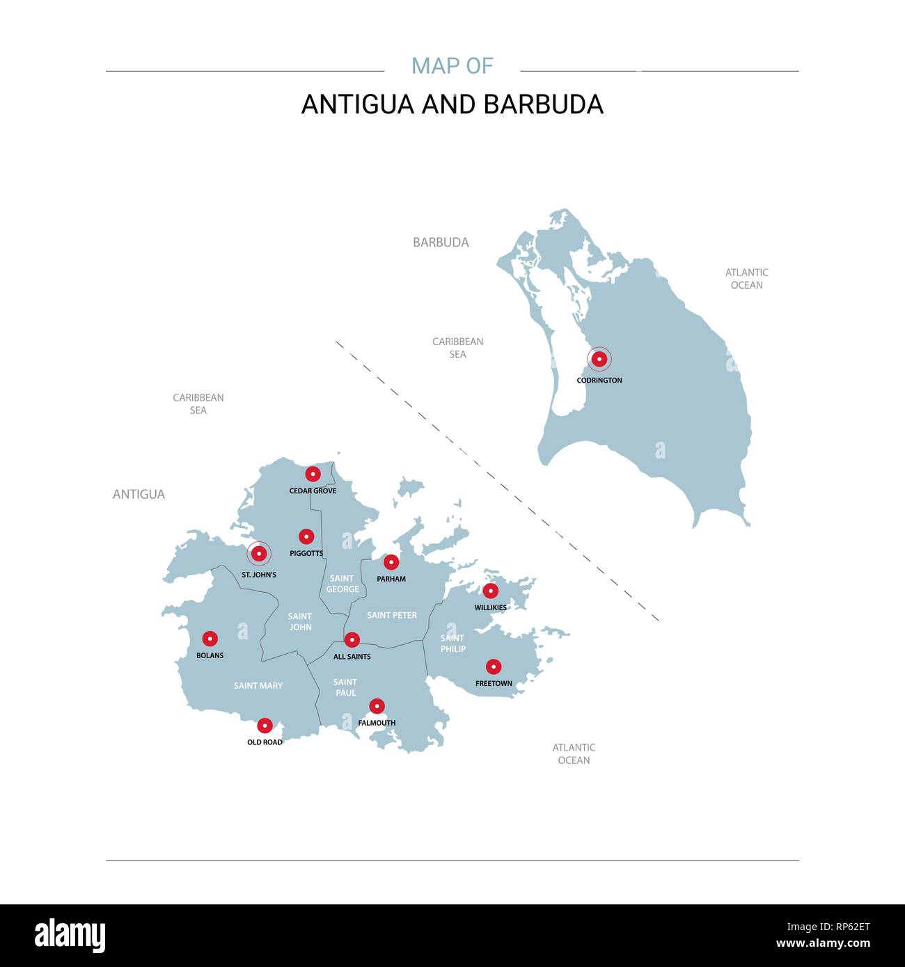 Antigua und Barbuda Vektorkarte. Editierbare Vorlage mit Regionen, Städte, rote und blaue Fläche auf weißem Hintergrund. Stock Vektor