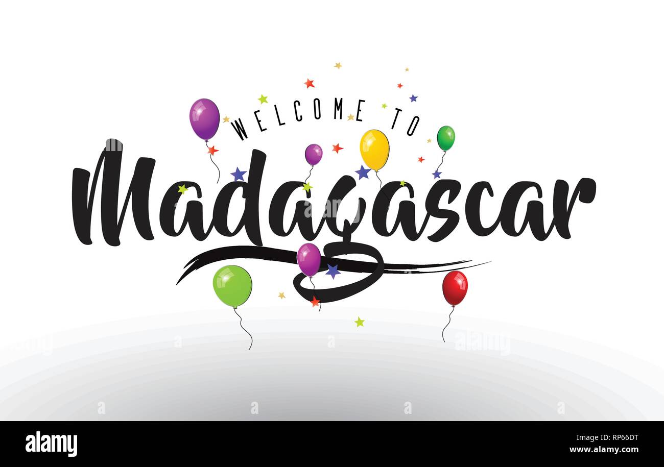 Madagaskar Willkommen bei Text mit bunten Luftballons und Sterne Design Vector Illustration. Stock Vektor