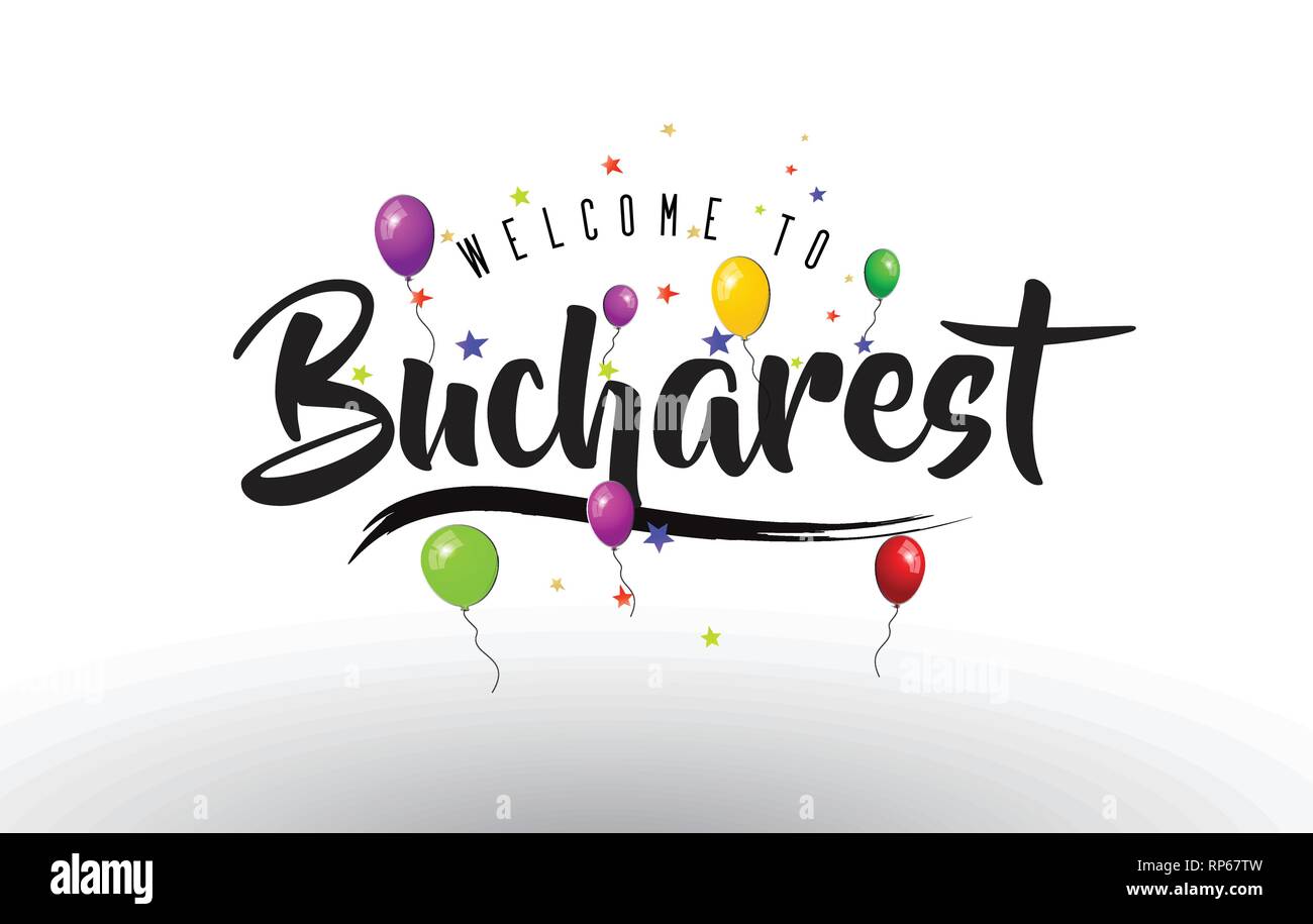 Bukarest Willkommen bei Text mit bunten Luftballons und Sterne Design Vector Illustration. Stock Vektor