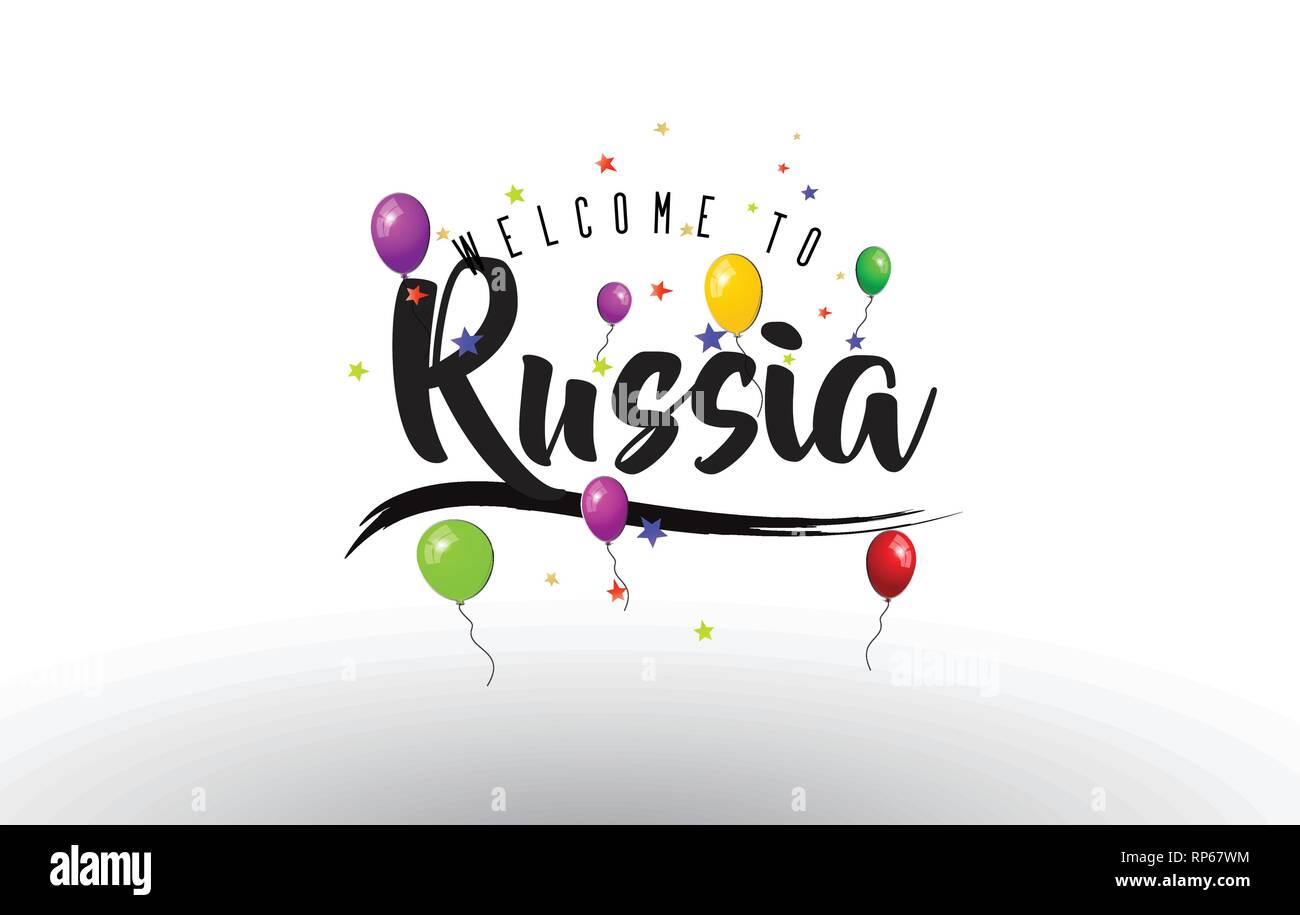 Russland Willkommen bei Text mit bunten Luftballons und Sterne Design Vector Illustration. Stock Vektor