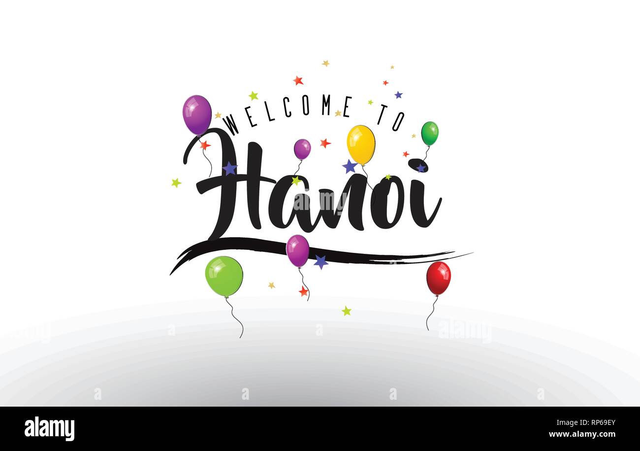 Hanoi Willkommen bei Text mit bunten Luftballons und Sterne Design Vector Illustration. Stock Vektor