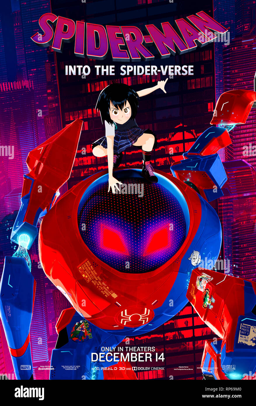 Spider-Man: In die Spider-Verse (2018) unter der Regie von Bob Persichetti und Peter Ramsey und Hauptdarsteller Shameik Moore, Jake Johnson und Hailee Steinfeld. Stockfoto