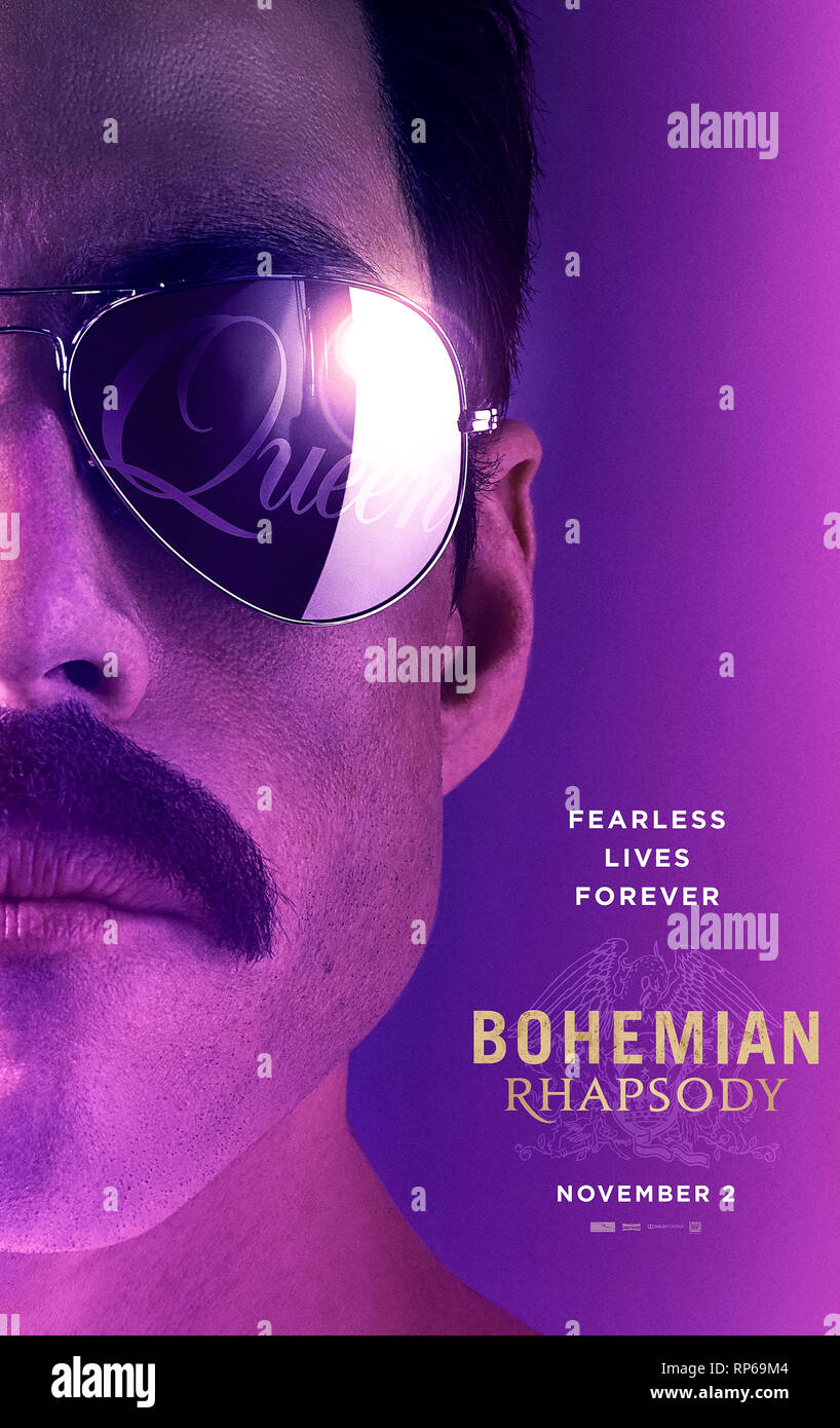 Bohemian Rhapsody (2018) von Bryan Singer Regie und Hauptdarsteller Rami Malek, Lucy Boynton und Gwilym Lee. Freddie Mercury biopic. | Stockfoto