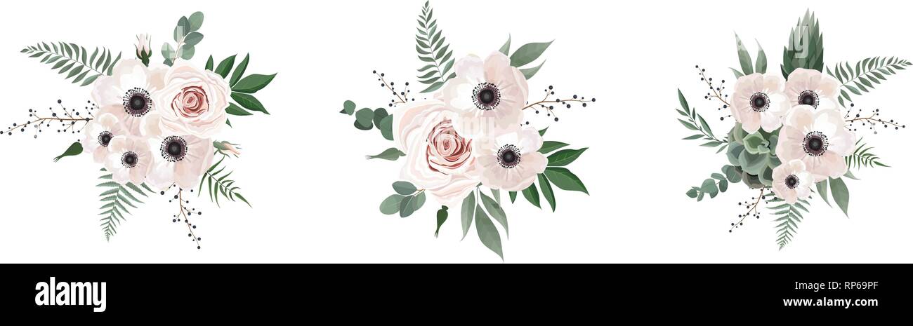 Vektor floralen Bouquet design Anemone, Eukalyptus- branche. Hochzeit Vektor Karte Aquarell designer Element Set einladen. Stock Vektor