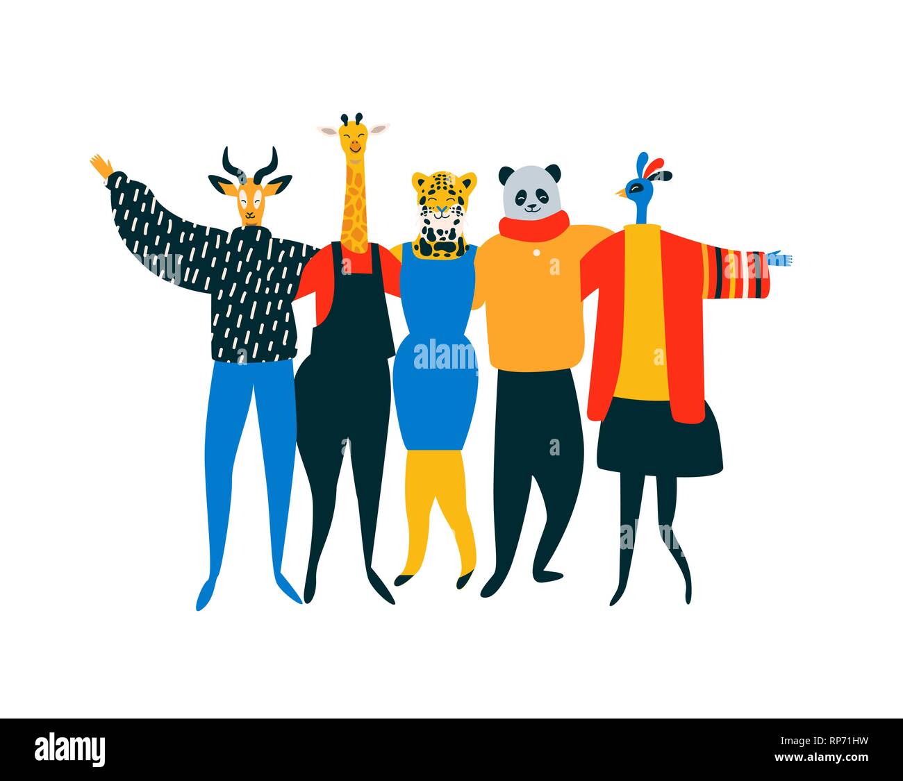 Diverse Freund Gruppe von wilden Tieren zusammen Umarmen für gefährdete Tier Erhaltung und Schutz konzept. Lion, Vogel, Pandabär, Giraffe team Stock Vektor