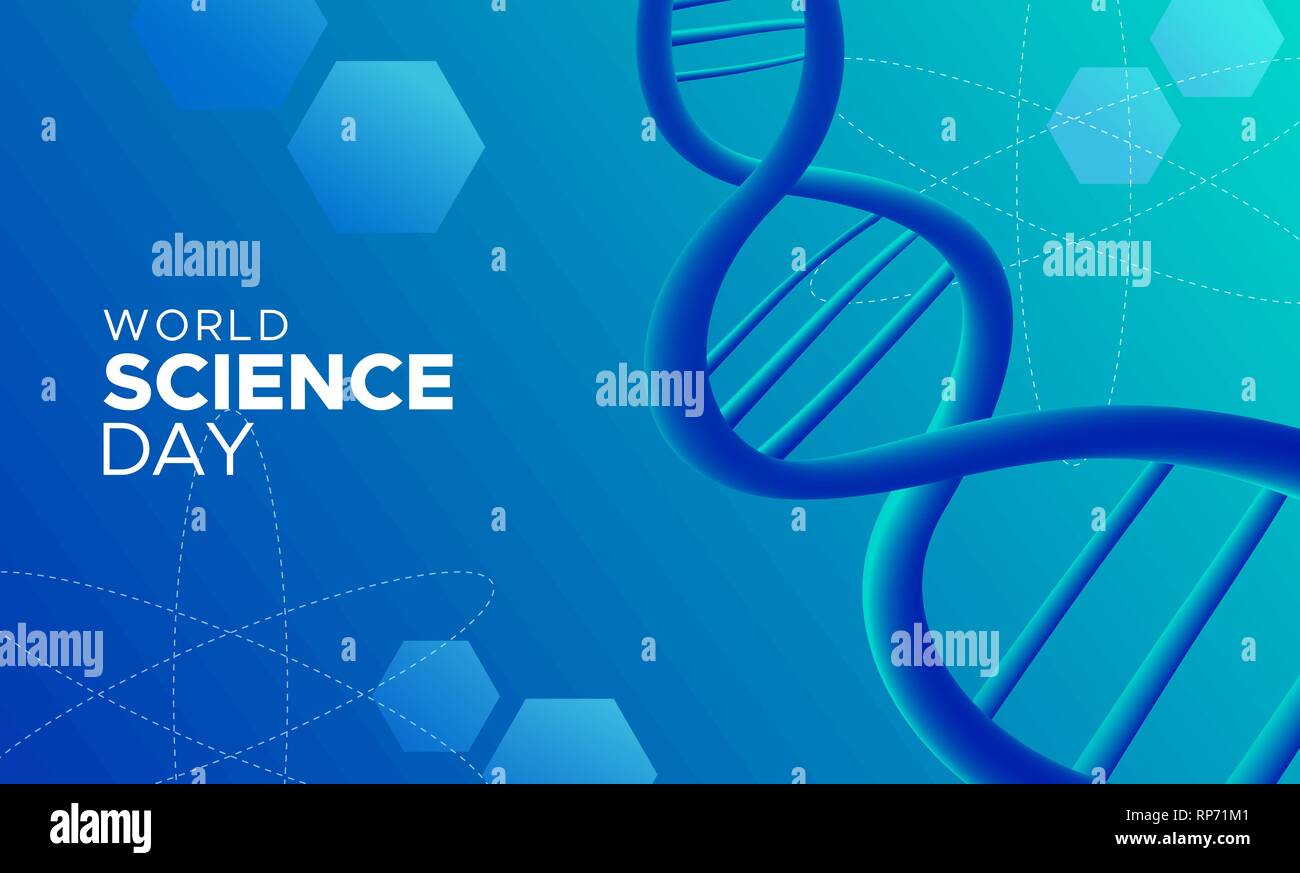 Welt Tag der Wissenschaft abstract Abbildung. Blauen Gradienten Hintergrund mit dna für wissenschaftliche Forschung Feier. Stock Vektor