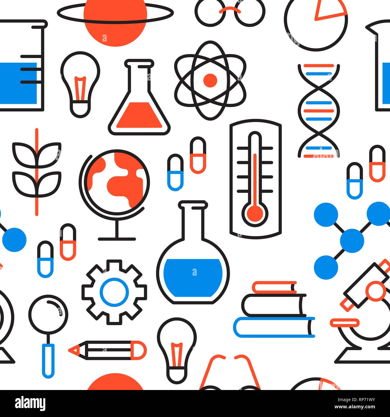 Wissenschaft nahtlose Muster Hintergrund mit Icons für wissenschaftliche Forschung Konzept. Mit Mikroskop, Chemie Kolben und Bildung tools. Stock Vektor