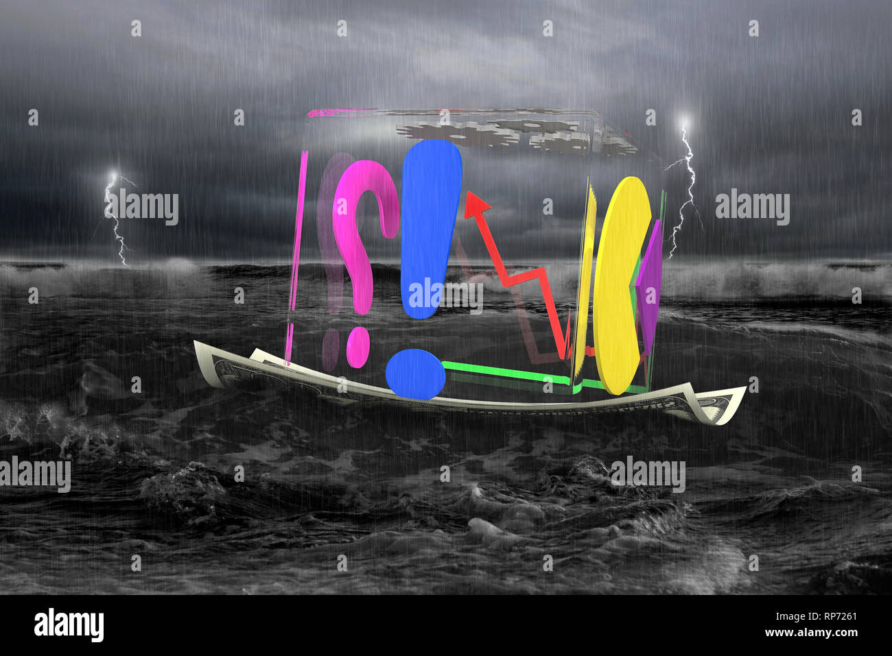 3D Glas transparenten Würfel von Business Diagramme auf Geld Boot mit Sturm im Ozean Stockfoto