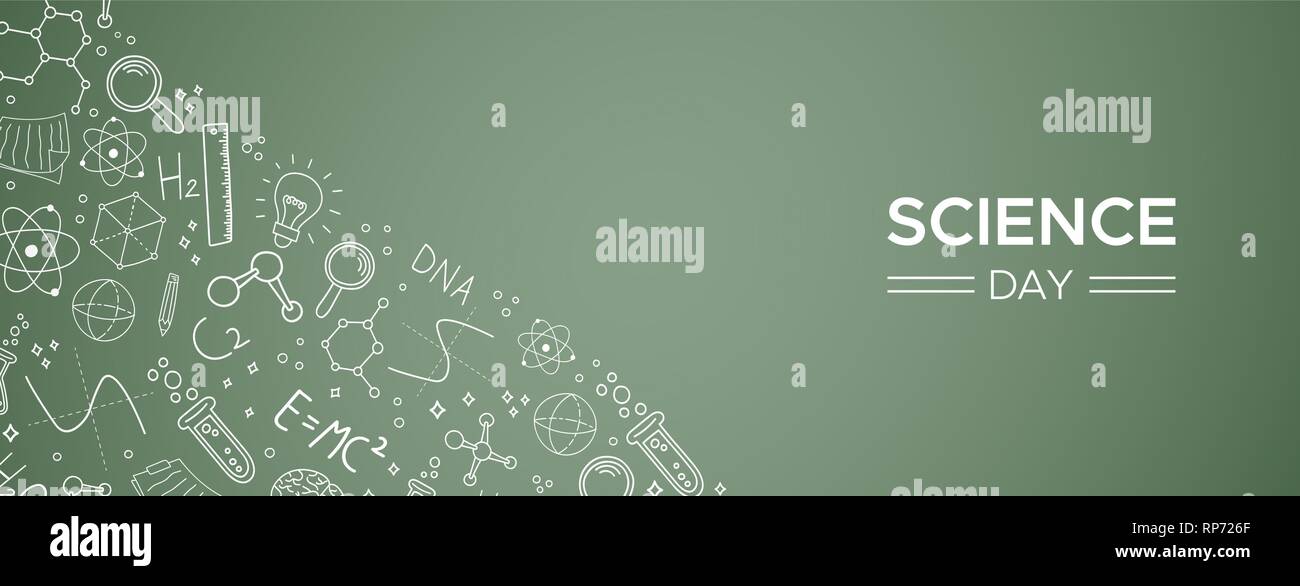 Tag der Wissenschaft Abbildung: Banner von Doodle Symbole auf Tafel Hintergrund für Bildung und Forschung. Stock Vektor