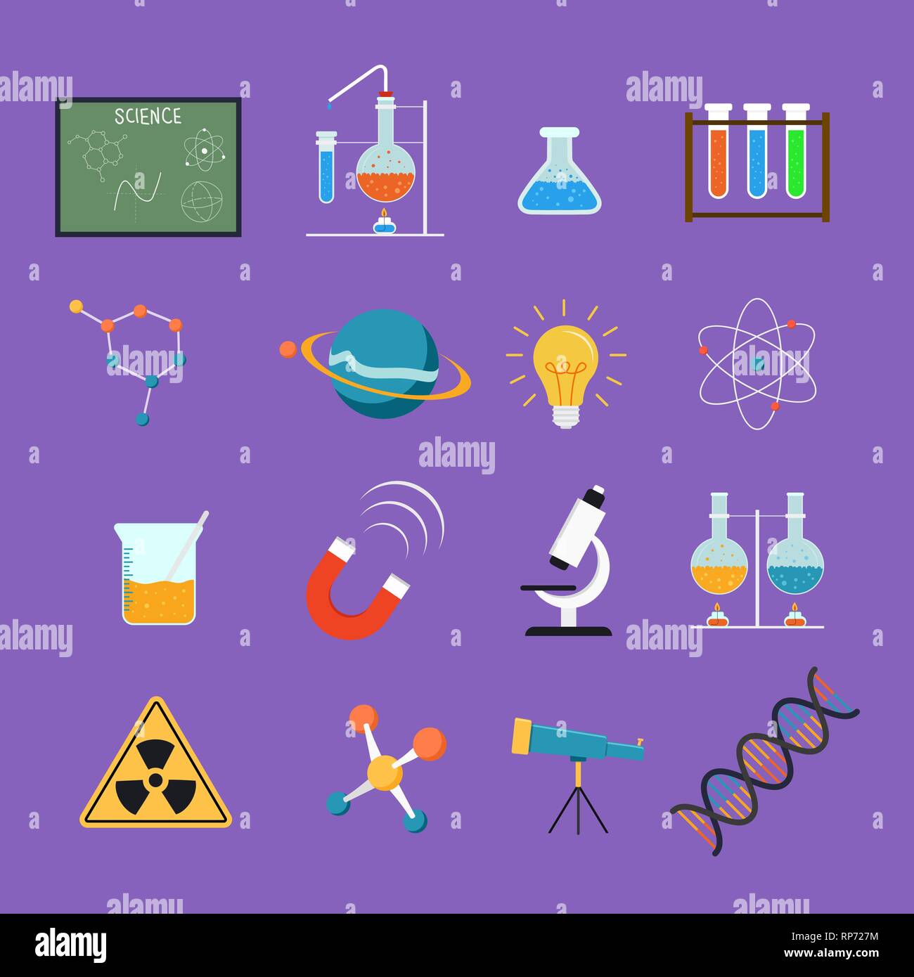 Bunte science Icon Set, Bildung und Forschung Konzept Designs Sammlung. Mit Mikroskop, wissenschaftliche Instrumente, Chemie, Labor und Forschung Stock Vektor