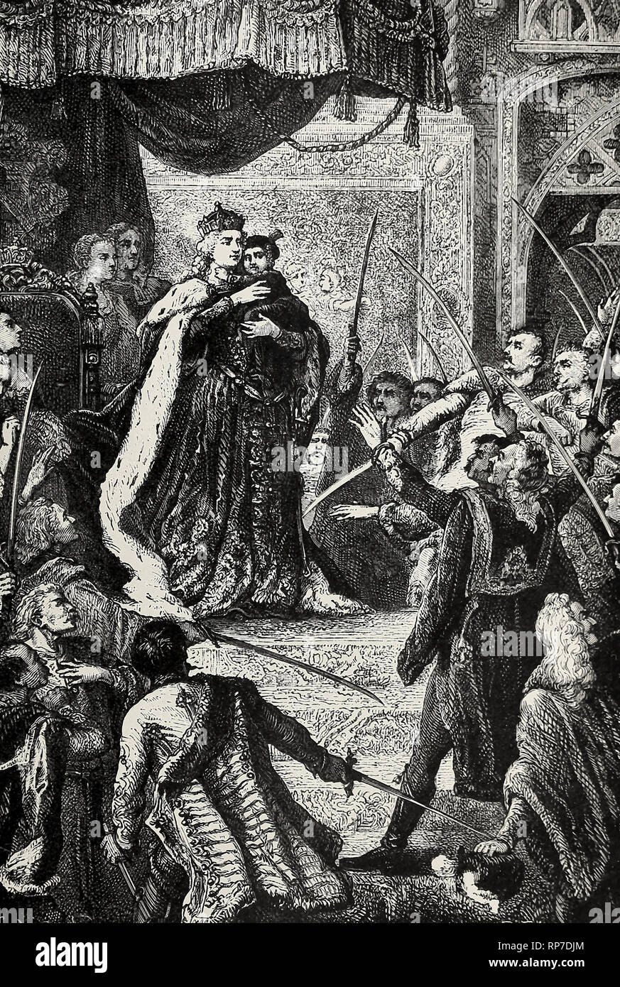Die Kaiserin Königin - Die ungarische Adlige schwören Maria-Theresa und ihren Sohn zu unterstützen. Stockfoto