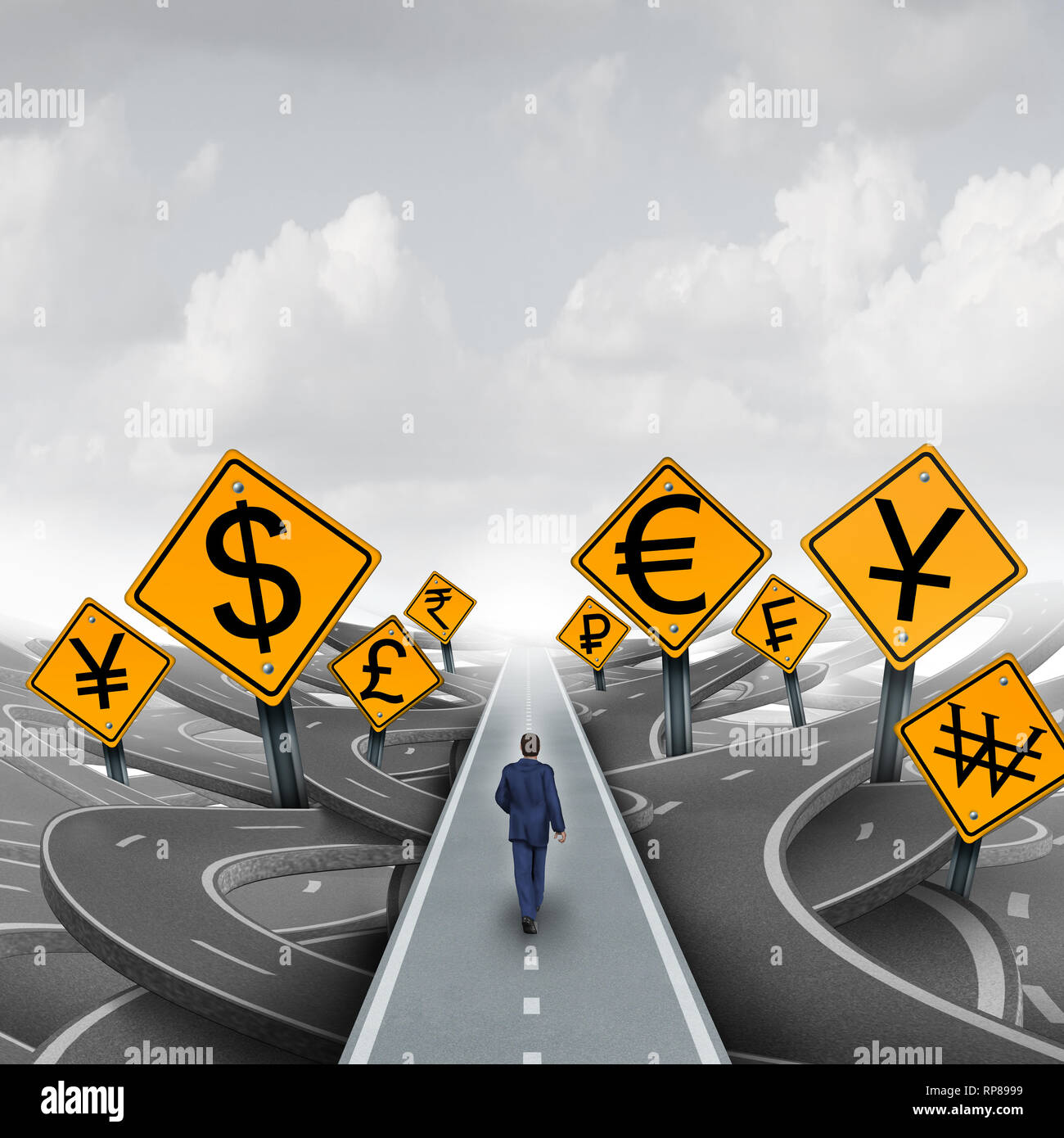 Global Currency Trading als internationale Währungen wie Fremdwährungspositionen Konzept mit 3D-Illustration Elemente. Stockfoto