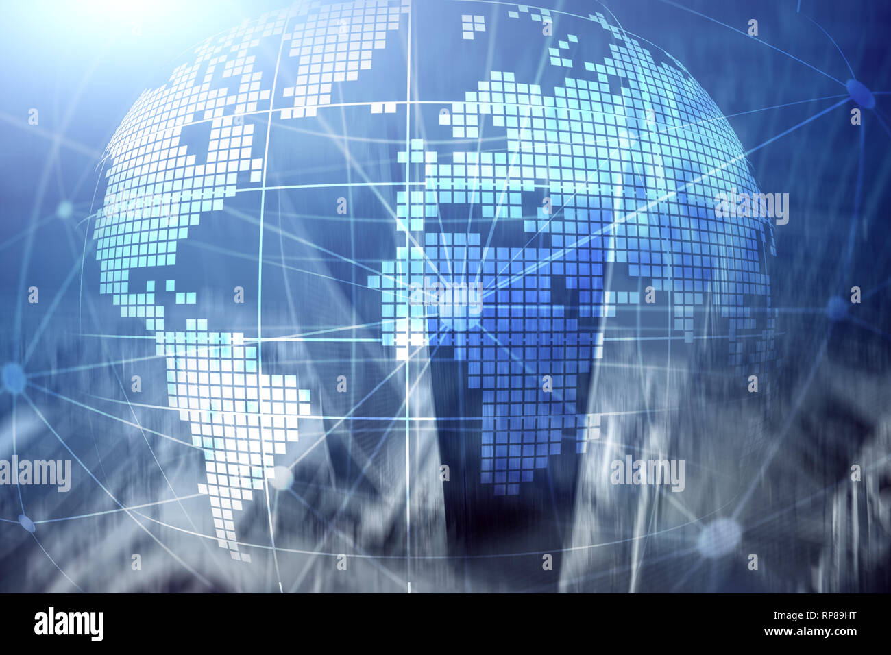 3D Erde Hologramm auf unscharfen Hintergrund. Global Business und Kommunikation Konzept. Stockfoto