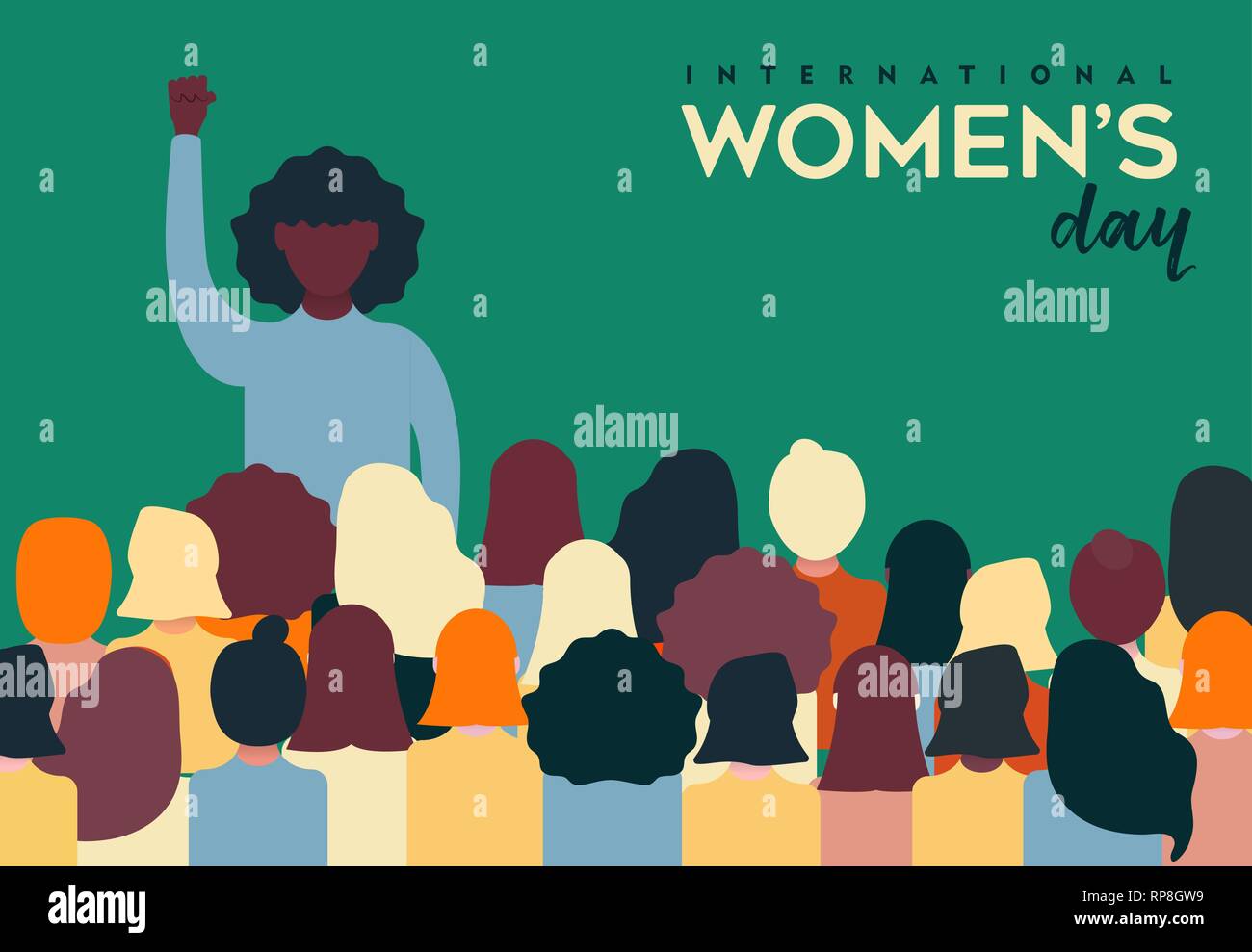 Tag der Frauen 8. März Abbildung für die Rechte der Frau Power concept. Afrikanische amerikanische Frau führenden vielfältig Gruppe auf friedlichen Protest. Stock Vektor