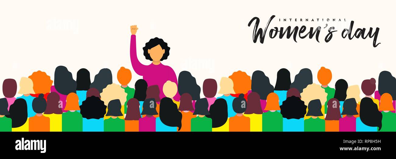 Tag der Frauen 8. März Web Banner Abbildung für die Rechte der Frau Power concept. Diverse Frau Gruppe auf friedlichen Protest. Stock Vektor