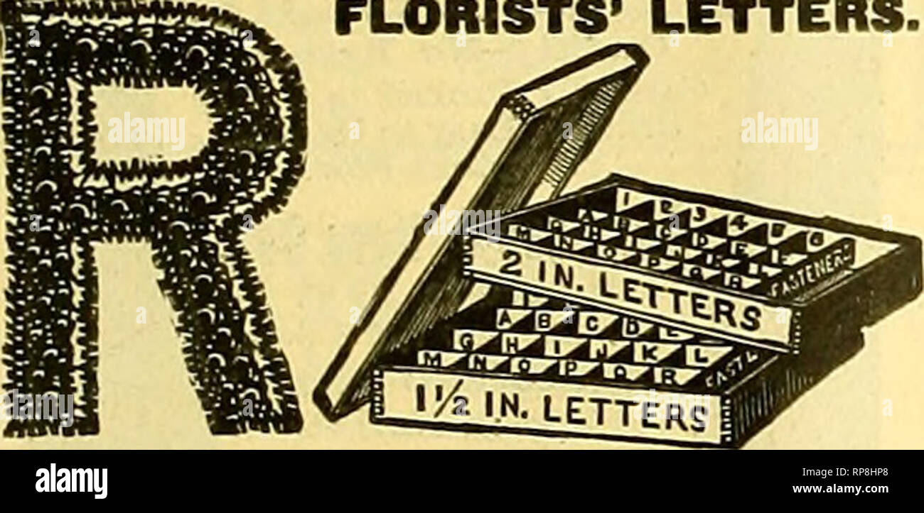 . Die amerikanische Florist: Eine wöchentliche Zeitschrift für den Handel. Blumenkultur ; Floristen. Für Lincoln I. Nehemia, Pittsburg, Pa. STYLE "H" für E. Nagel &Amp; Co., Minneapolis gebaut. Boston Florist Lottor gehen. MANUFACTUBERa von geg^ ggg^ N. Briefe Floristen.. Thts TTOoden box schön gefärbt und var-nished * 18 x 30 x 13 in zwei Abschnitte, einen für eatli siz j schreiben, weg mit der ersten Bestellung von 500 Briefen gegeben. Druckschrift, Wz oder 2-Zoll Größe, Pro 100. $ 2,00. Script schreiben, $ 4. Verschluss mit jedem Buchstaben oder ein Wort. Von führenden Floristen überall und für den Verkauf von allen Großhandel für Floristen und suppV verwendet Stockfoto